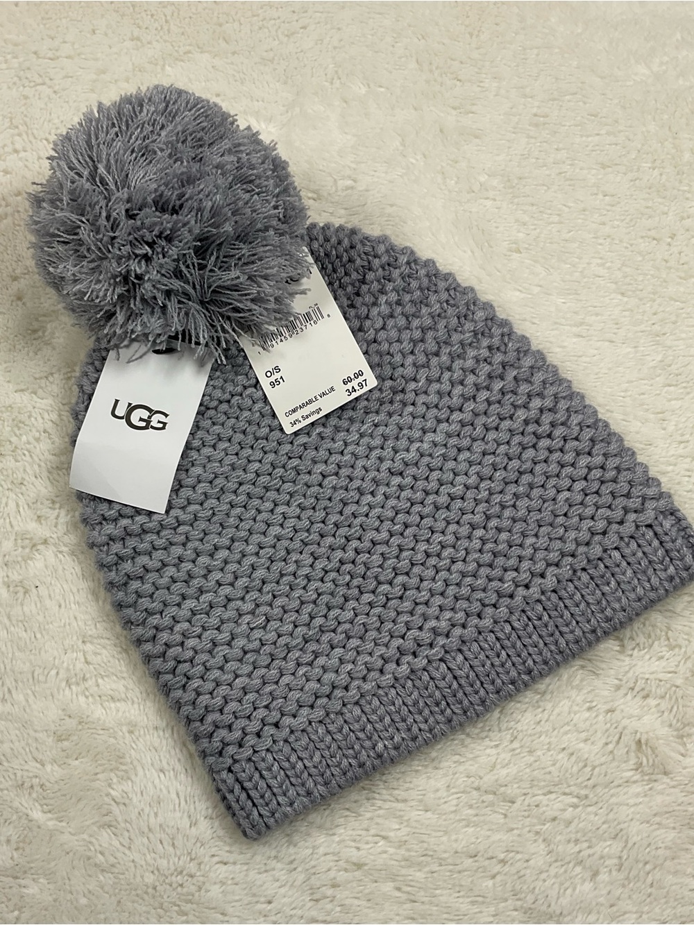 UGG Women’s Gray Chunky Knit Pom Beanie Wool Blend One Size NWT